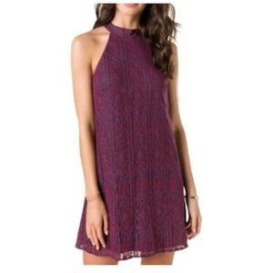 328 Alya Francesca's Womens Red & Blue High Neck Lace Overlay Mini Dress Size S